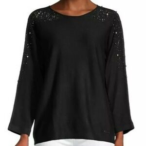 Calvin Klein Women's Pearl Embellished Black Sweater Large Dolman Sleeve EUC